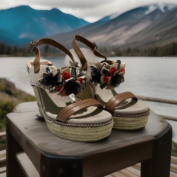 Tory Burch Canvas Leather Espadrille Wedge Sandal Size 8M Beige Brown - Picture 13 of 14